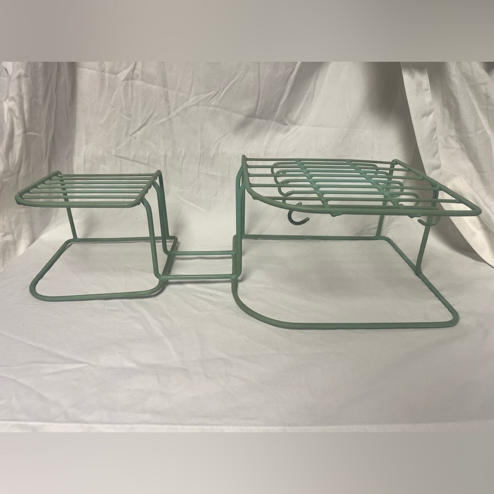 Vintage 1970s Teal Ruber Coated Wire Storage Dish Drying Rack Holds 10 Mugs